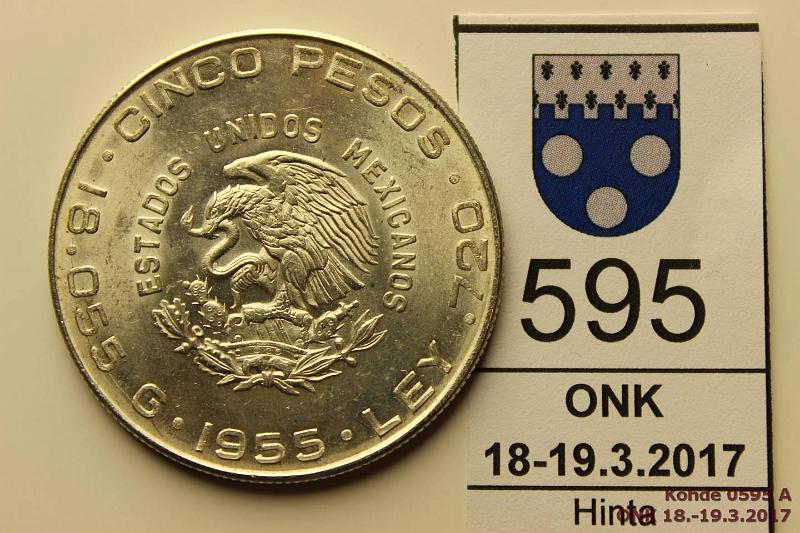 k-0595-a.jpg - Kohde 595 (kuva 1/2), lhthinta: 5 € / myyntihinta: 8 € Meksiko 5 p 1955 KM#469 Ag, 18,055g/720, Indepencia/Hidalgo, kunto: 8