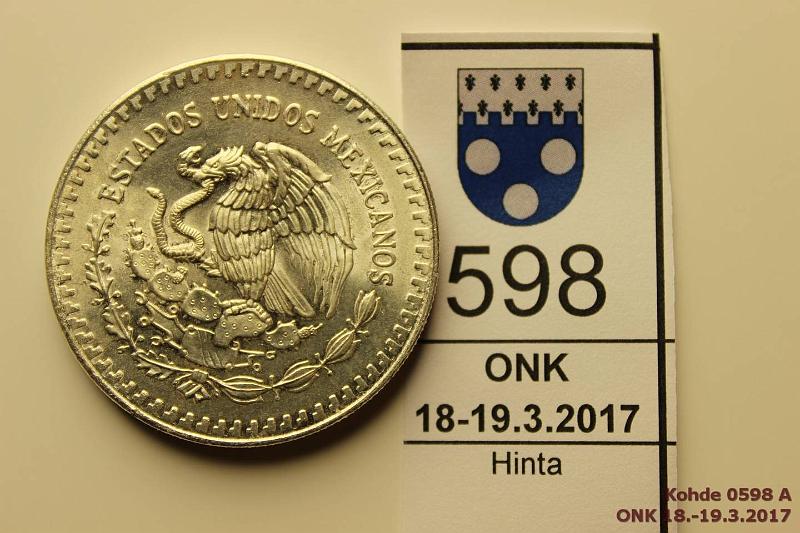 k-0598-a.jpg - Kohde 598 (kuva 1/2), lhthinta: 15 € / myyntihinta: 19 € Meksiko 1 onza 1991 KM#494.2 Ag, 31,1g/999 (Troy unssi), kunto: 9