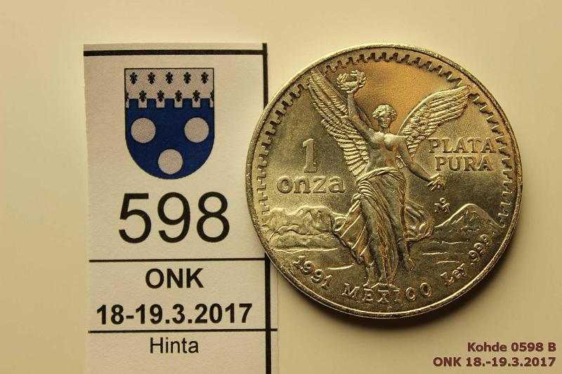 k-0598-b.jpg - Kohde 598 (kuva 2/2), lhthinta: 15 € / myyntihinta: 19 € Meksiko 1 onza 1991 KM#494.2 Ag, 31,1g/999 (Troy unssi), kunto: 9