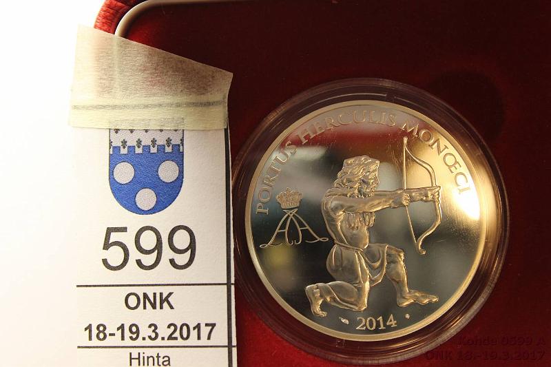 k-0599-a.jpg - Kohde 599, lhthinta: 40 € / myyntihinta: 46 € Monaco 10 € 2014 KM# Ag, Proof, 25g/900, Hercules, nahkakotelo, tod, kunto: 10