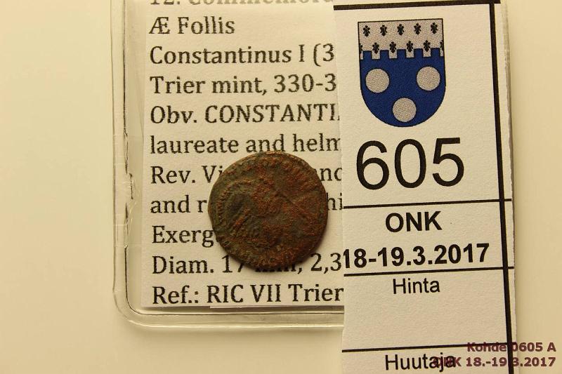 k-0605-a.jpg - Kohde 605, lhthinta: 10 € / myyntihinta: 10 € Rooma 306-337 AD RIC VII Trier 530? AE, Constantinus I, Trier mint 330-334 AD, kunto: 2