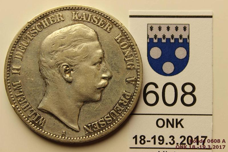 k-0608-a.jpg - Kohde 608 (kuva 1/2), lhthinta: 18 € / myyntihinta: 20 € Saksa 5 mk 1903a KM#523 Ag, 27,777g/900 Wilhelm II, Preussi-Obergreiz, kunto: 5