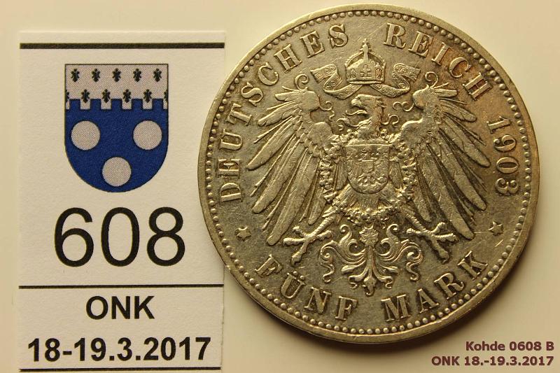 k-0608-b.jpg - Kohde 608 (kuva 2/2), lhthinta: 18 € / myyntihinta: 20 € Saksa 5 mk 1903a KM#523 Ag, 27,777g/900 Wilhelm II, Preussi-Obergreiz, kunto: 5