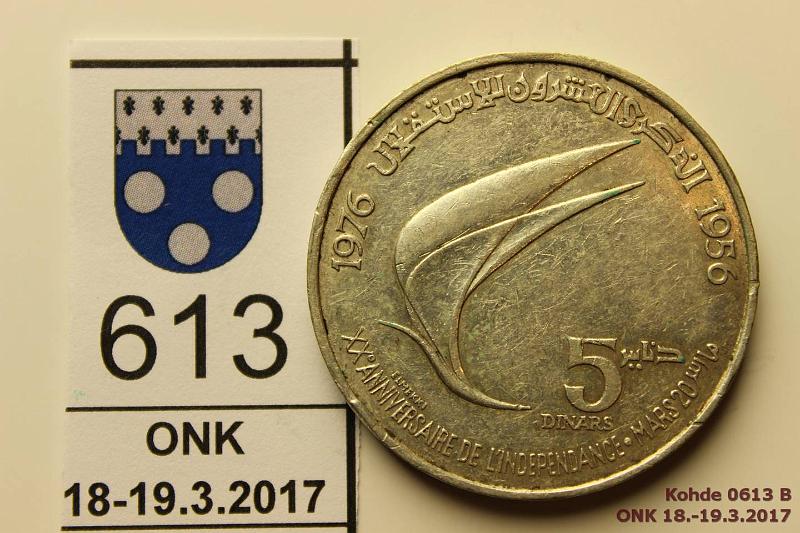 k-0613-b.jpg - Kohde 613 (kuva 2/2), lhthinta: 10 € / myyntihinta: 11 € Tunisia 5 din 1976 (ND) KM#305 Ag, 24g/680, Independence, hnja, prv, kunto: 6