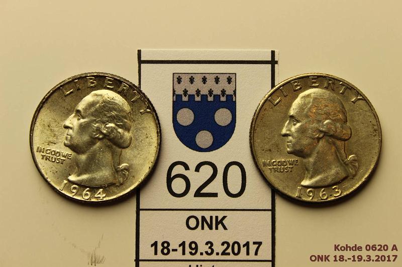 k-0620-a.jpg - Kohde 620, lhthinta: 10 € USA  $ 1963d, -64 KM#164 Ag, 2 x 6,25g/900, Washington Silver Quarter, hyv kunto!, kunto: 8, 9