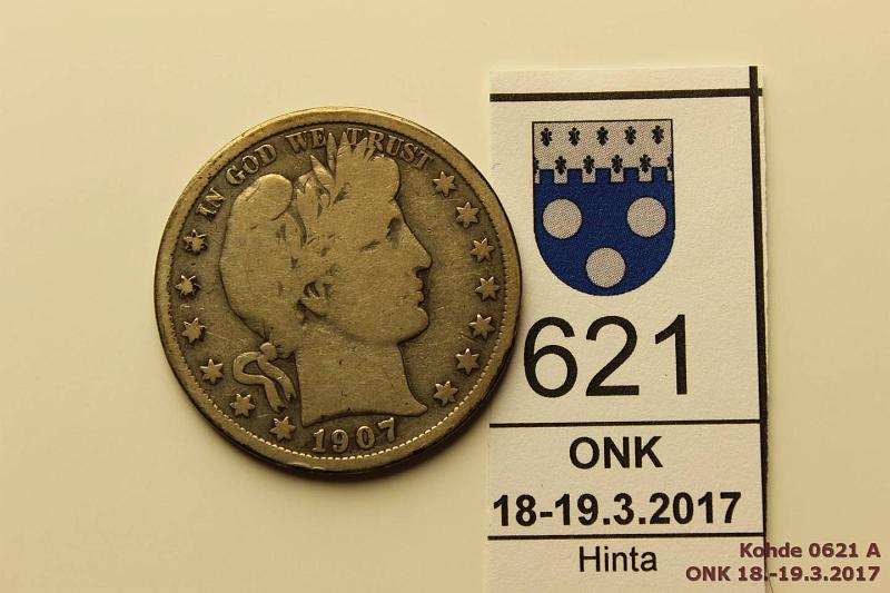 k-0621-a.jpg - Kohde 621 (kuva 1/2), lhthinta: 10 € / myyntihinta: 10 € USA  $ 1907 KM#116 Ag, 12,5 g/900, Barber Half Dollar., kunto: 3