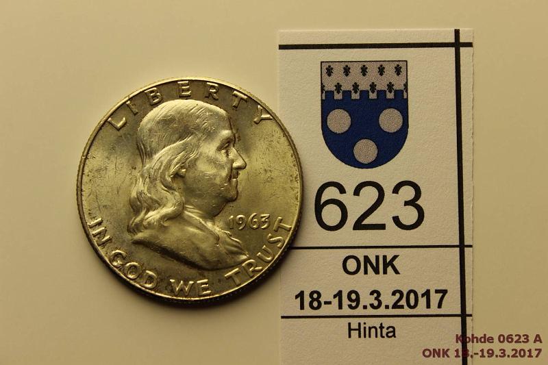 k-0623-a.jpg - Kohde 623, lhthinta: 25 € USA  $ 1963 KM#199 Ag, 12,5g/900, Franklin Half Dollar, hieman patinaa. Erittin kaunis!, kunto: 8