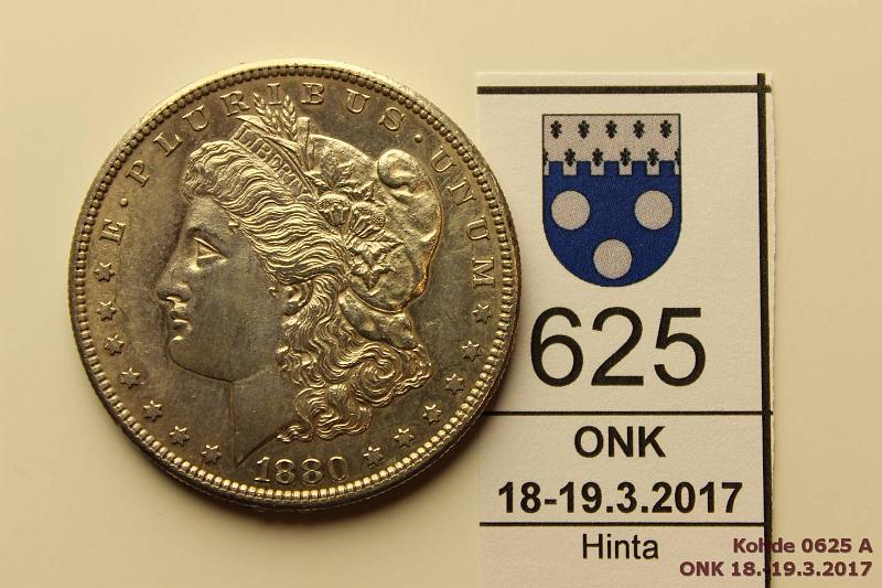 k-0625-a.jpg - Kohde 625, lhthinta: 125 € USA1 $ 1880s KM#110 Ag, 26,73g/900, Morgan Dollar, hieman patinaa, hnja, loistelias!, kunto: 8/9