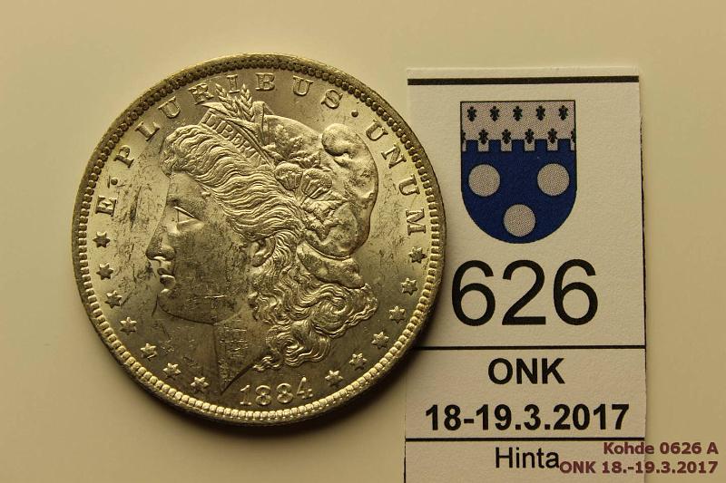 k-0626-a.jpg - Kohde 626, lhthinta: 40 € USA1 $ 1884o KM#110 Ag, 26,73g/900, Morgan Dollar, hnja, patinaa, loistelias!, kunto: 8/9