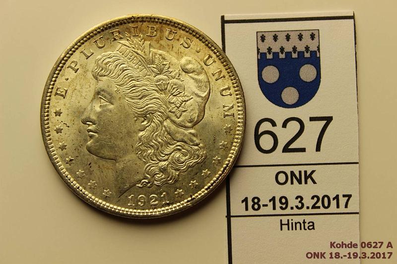 k-0627-a.jpg - Kohde 627 (kuva 1/2), lhthinta: 35 € USA1 $ 1921 KM#110 Ag, 26,73g/900, Morgan Dollar, hnja, loistelias!, kunto: 8/9