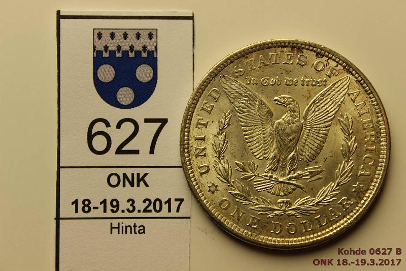 k-0627-b.jpg - Kohde 627 (kuva 2/2), lhthinta: 35 € USA1 $ 1921 KM#110 Ag, 26,73g/900, Morgan Dollar, hnja, loistelias!, kunto: 8/9