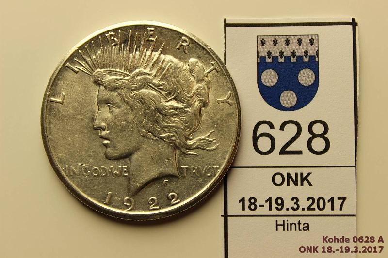 k-0628-a.jpg - Kohde 628 (kuva 1/2), lhthinta: 10 € / myyntihinta: 15 € USA 1 $ 1922s KM#150 Ag, 26,73g/900, Peace dollar, kunto: 8