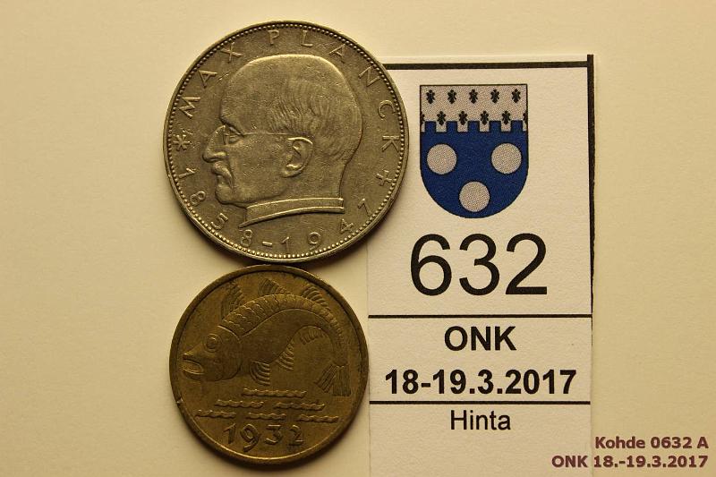 k-0632-a.jpg - Kohde 632 (kuva 1/2), lhthinta: 5 € / myyntihinta: 5 € Danzig, BDR 1932, -58j KM#152, 116 AlBr/CuNi Danzig 10pf-32, Saksa 2mk-58 Max Planck, eprv, kunto: 5, 6