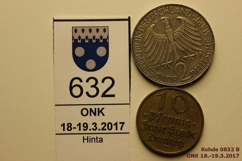 k-0632-b.jpg - Kohde 632 (kuva 2/2), lhthinta: 5 € / myyntihinta: 5 € Danzig, BDR 1932, -58j KM#152, 116 AlBr/CuNi Danzig 10pf-32, Saksa 2mk-58 Max Planck, eprv, kunto: 5, 6