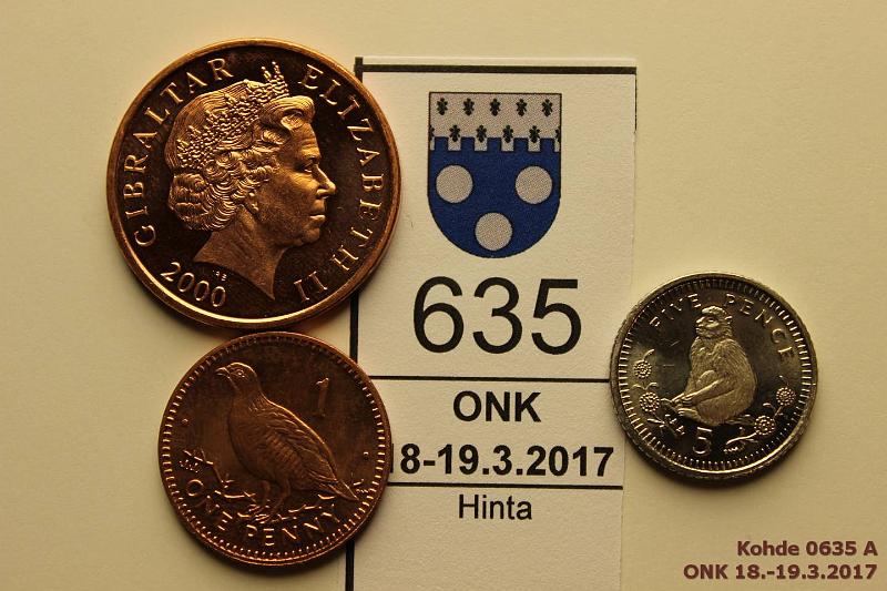 k-0635-a.jpg - Kohde 635, lhthinta: 5 € / myyntihinta: 11 € Gibraltar 1 - 5 p (3) 2000 KM#773-5 Cu+ters/CuNi 1 penny + 2 ja 5 pence, kunto: 9