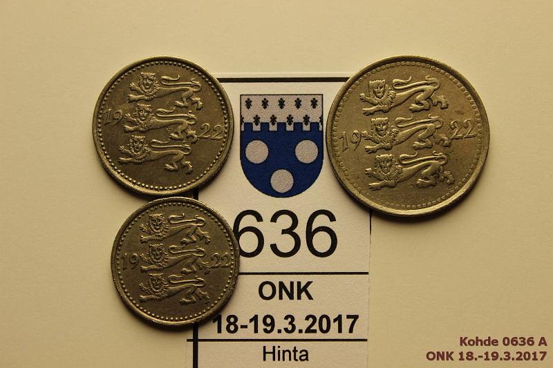 k-0636-a.jpg - Kohde 636, lhthinta: 8 € / myyntihinta: 13 € Eesti 1 - 5 mk (3) 1922 KM#1-3 CuNi, 1 marka (eprvja) + 3 ja 5 marka, kunto: 4-5