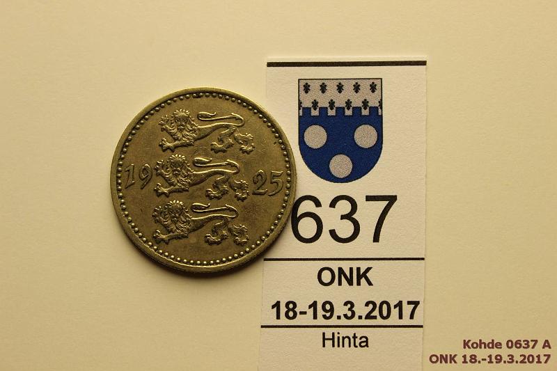 k-0637-a.jpg - Kohde 637 (kuva 1/2), lhthinta: 5 € / myyntihinta: 8 € Eesti 10 mk 1925 KM#4 NiBr, kunto: 5