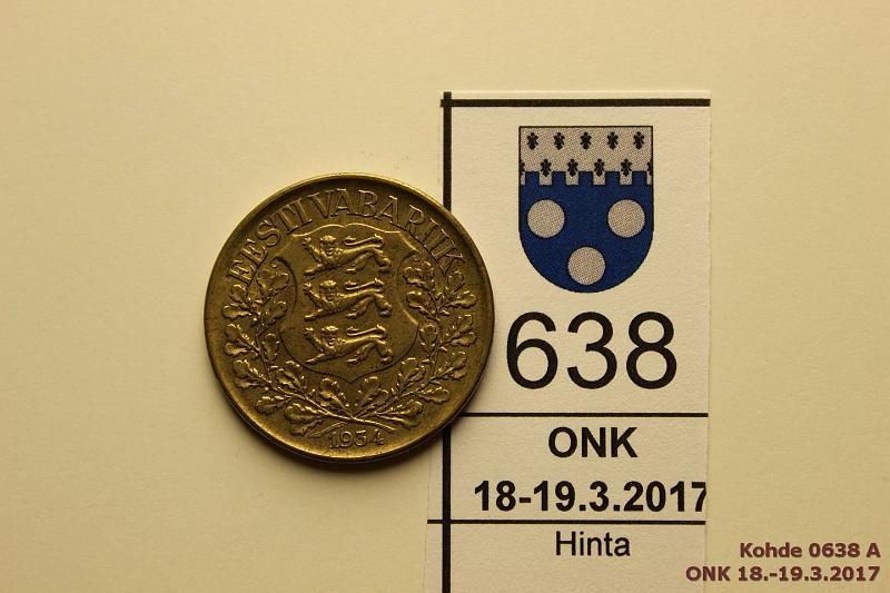 k-0638-a.jpg - Kohde 638 (kuva 1/2), lhthinta: 8 € / myyntihinta: 8 € Eesti 1 kr 1934 KM#16 AlBr, hieman patinaa, kunto: 7/8