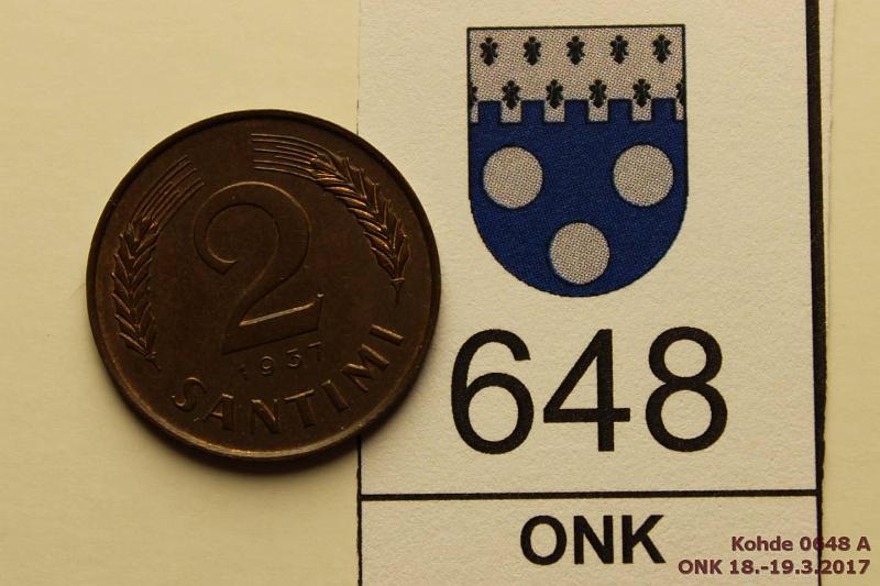 k-0648-a.jpg - Kohde 648 (kuva 1/2), lhthinta: 50 € / myyntihinta: 105 € Latvia 2 s 1937 KM#11.1 Br, 19mm, pieni painos (44 600), josta suuri osa vedettiin takaisin. Kulumaton raha, leimakiiltoa. Harvinainen / rare!, kunto: 8