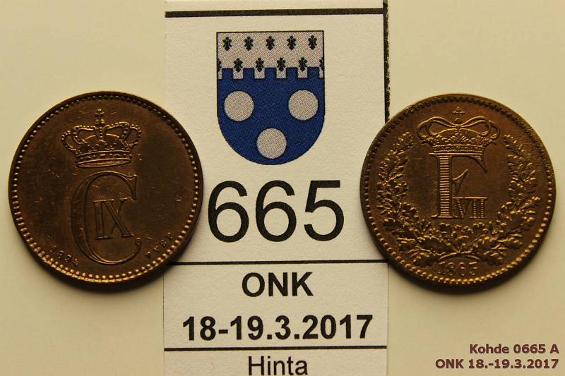 k-0665-a.jpg - Kohde 665, lhthinta: 10 € / myyntihinta: 10 € Tanska 1 sk, 2  1863,  1894  KM#763, 793.2 Br, 1sk 1863 Frederik VII, reunassa 2 ij; 2 VBP Christian IX, sormenjlki. Molemmissa kaunis leimakiilto!, kunto: 8