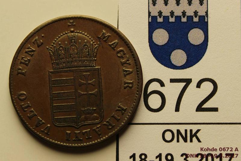 k-0672-a.jpg - Kohde 672 (kuva 1/2), lhthinta: 10 € Unkari 1 krajzr 1848 KM#430 Cu, kuningaskunnan aikainen raha, kaunis tumma patina, kunto: 7