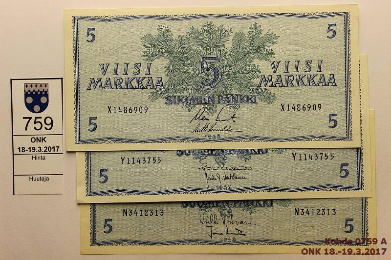 k-0759-a.jpg - Kohde 759, lhthinta: 20 € / myyntihinta: 20 € 5 mk 1963 (3) SNY 135.1 N..VAL-Ara; X..Ko II-Luu; Y..HET-Vou, kaikissa pient ksittelyn jlke, kunto: 8-9