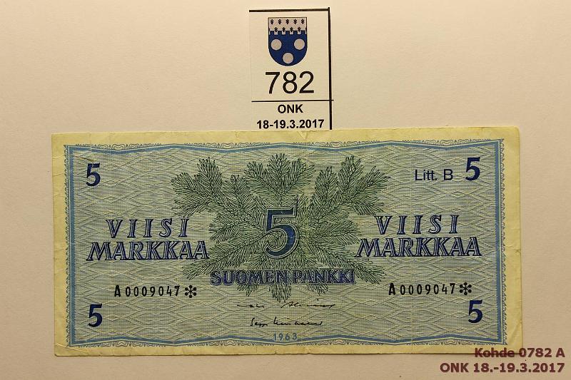 k-0782-a.jpg - Kohde 782, lhthinta: 20 € / myyntihinta: 20 € 5 mk 1963 LB A* SNY 135.4 A0009047* AL I-Lin, iso ja pienempi rep, korvaava, kunto: 4