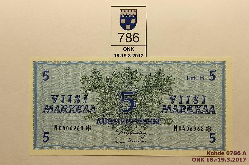 k-0786-a.jpg - Kohde 786, lhthinta: 20 € / myyntihinta: 35 € 5 mk 1963 LB N* SNY 135.7 N0406968*, KU I I-Hes kaksi kevytt painaumaa, korvaava, kunto: 9