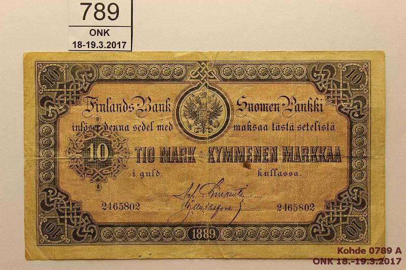 k-0789-a.jpg - Kohde 789 (kuva 1/2), lhthinta: 100 € / myyntihinta: 130 € 10 mk 1889 SNY 139 2465802 CHA-Ahl, 7mm rep,  tahra , kunto: 3