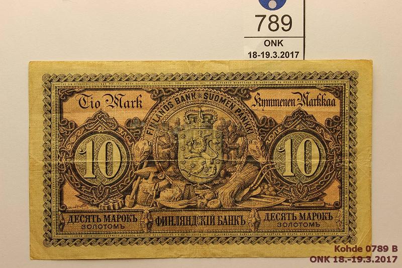 k-0789-b.jpg - Kohde 789 (kuva 2/2), lhthinta: 100 € / myyntihinta: 130 € 10 mk 1889 SNY 139 2465802 CHA-Ahl, 7mm rep,  tahra , kunto: 3