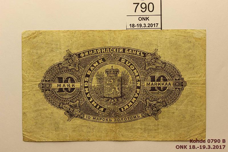 k-0790-b.jpg - Kohde 790 (kuva 2/2), lhthinta: 20 € / myyntihinta: 40 € 10 mk 1898 SNY 140.3 6968039 COL-Lan, 2mm rep, ylnurkassa kiinnitysjlki. Hyvt vrit!, kunto: 4