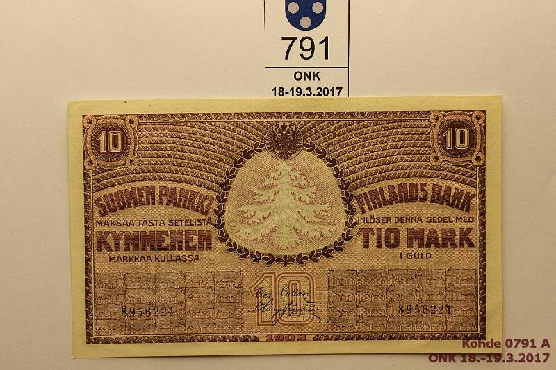 k-0791-a.jpg - Kohde 791, lhthinta: 45 € / myyntihinta: 67 € 10 mk 1909 SNY 141.1 8956221 COL-His, pinta aaltoilee, kevyt nurkkataite, n:o 2mm, kunto: 7