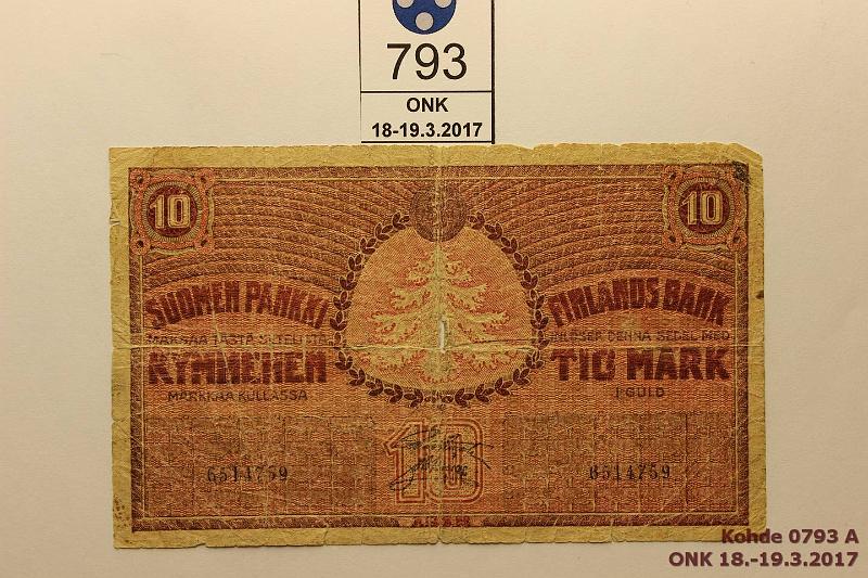 k-0793-a.jpg - Kohde 793, lhthinta: 10 € / myyntihinta: 10 € 10 mk 1918 SNY 142.2 6514759 STE-Ml, rep, reiki, kulmapuutos, etusivu punertava, kunto: 2