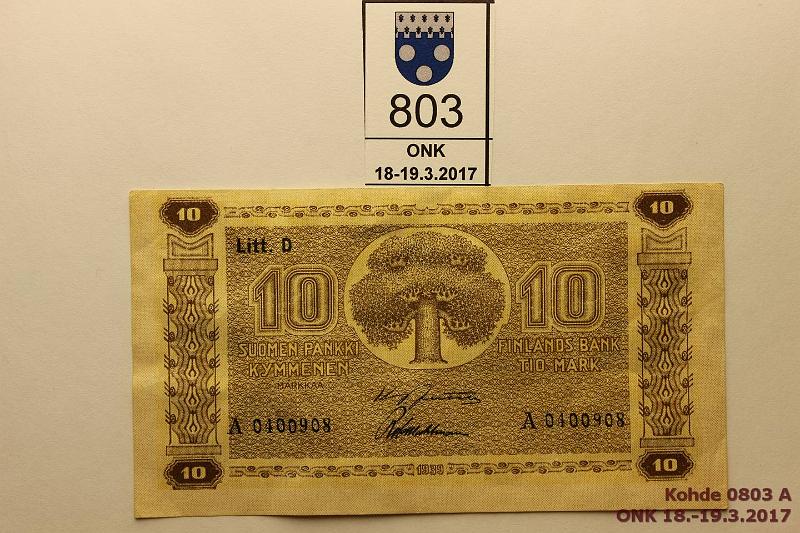 k-0803-a.jpg - Kohde 803, lhthinta: 25 € / myyntihinta: 44 € 10 mk 1939 LD SNY 144.1 A0100908 JUT-Wah, kulmakuvio I, vl 1, pinta laineilla, klemmarin painauma, napakka taittamaton paperi, kunto: 6