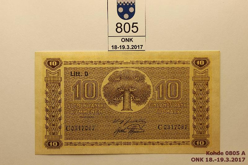 k-0805-a.jpg - Kohde 805, lhthinta: 20 € / myyntihinta: 20 € 10 mk 1939 LD SNY 144.4 C0317067 JUT-AAs, kulmakuvio II, vl2, kunto: 9