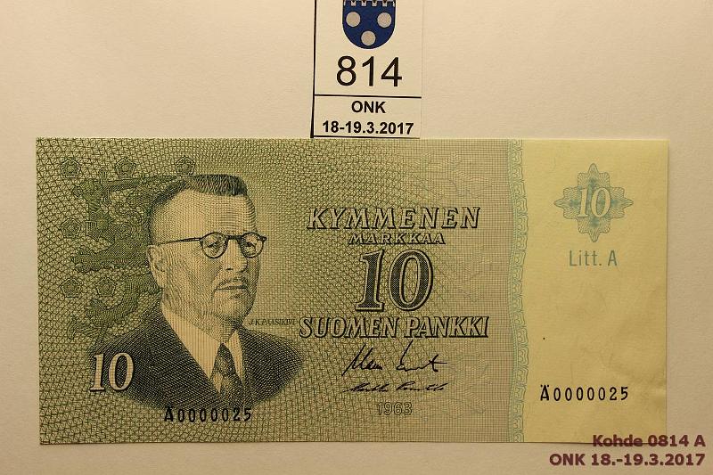 k-0814-a.jpg - Kohde 814, lhthinta: 30 € / myyntihinta: 30 € 10 mk 1963 LA SNY 146.5 0000025, KO II-Pu1, pieni numero, painumia, ei taitteita, kunto: 8