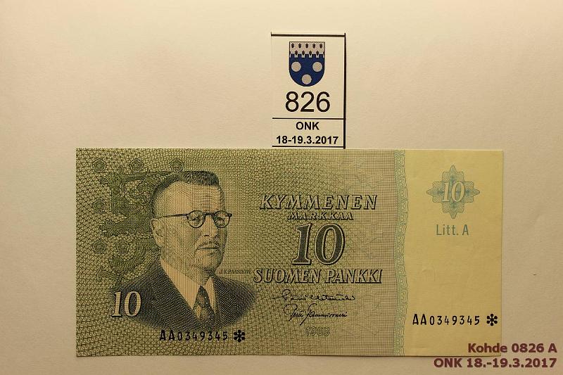 k-0826-a.jpg - Kohde 826, lhthinta: 10 € / myyntihinta: 10 € 10 mk 1963 LA AA* SNY 146.7 AA0349345* HET-Tam, ei taitteita, korvaava, kunto: 7