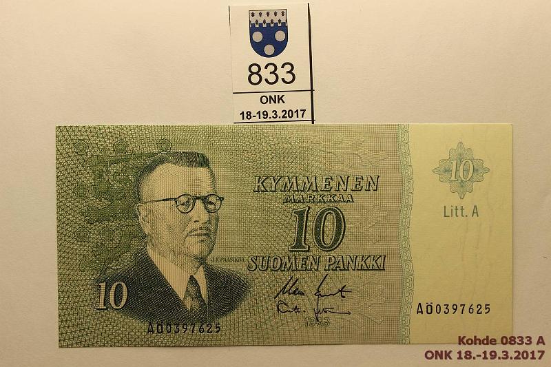 k-0833-a.jpg - Kohde 833, lhthinta: 190 € / myyntihinta: 290 € 10 mk 1963 LA A-sarja SNY 146.8 A0397625 KO II-Leh, korvaava, kunto: 9