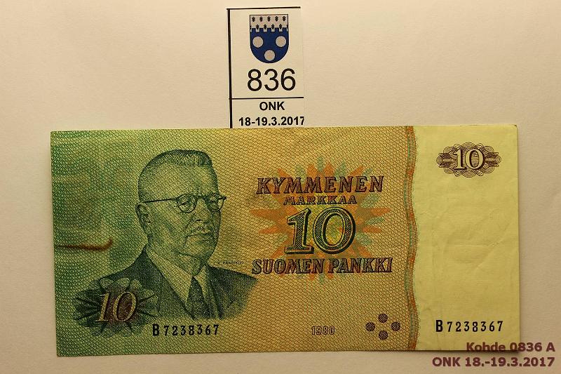 k-0836-a.jpg - Kohde 836, lhthinta: 450 € / myyntihinta: 450 € 10 mk 1980 SNY 147.1 B7238367 ILMAN ALLEKIRJOITUKSIA, 3mm rep, ruostetta klemmarista, kunto: 4