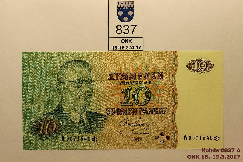 k-0837-a.jpg - Kohde 837, lhthinta: 10 € / myyntihinta: 10 € 10 mk 1980 A* SNY 147.2 A0071640* KU I-Hes, korvaava, kunto: 9