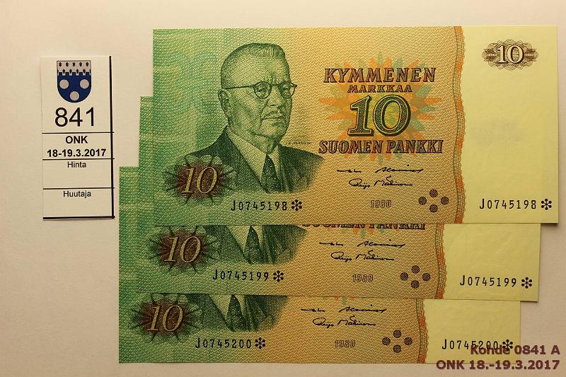 k-0841-a.jpg - Kohde 841, lhthinta: 20 € / myyntihinta: 20 € 10 mk 1980 J* (3) SNY 147.2 J0745198-..200* AL I-M1, 3 perk., kahdessa vhinen painauma, korvaavia, kunto: 10