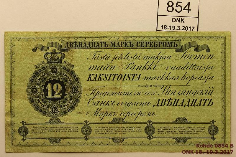 k-0854-b.jpg - Kohde 854 (kuva 2/2), lhthinta: 1900 € / myyntihinta: 1900 € 12 mk 1862 SNY 149.3 C119985 ANT-Lan. Pystytaite, joka takasivulta hieman kulunut, pintaeloa, ep rep. Napakka paperi, hyvt vrit, kunto: 6/5