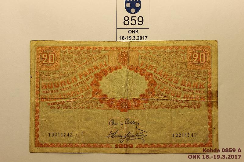 k-0859-a.jpg - Kohde 859, lhthinta: 25 € / myyntihinta: 130 € 20 mk 1909 KV SNY 156.4 10011747 COL-His, (kahdeksannumeroisen painos vain 19 000!). 2 neulanreik, eprep, rasvatahroja, kunto: 3