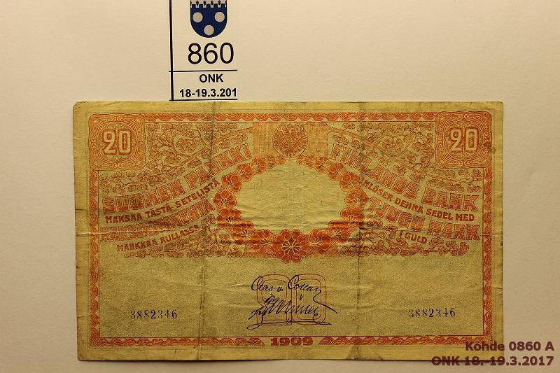 k-0860-a.jpg - Kohde 860 (kuva 1/2), lhthinta: 100 € / myyntihinta: 170 € 20 mk 1909 3882346 COL-Ml, Klingsten-Kirmanen -vrenns, rep. ONK:lla myyty vastaava KK identtisell sarjanumerolla (ONK 23.2.2014 kohde 590), kunto: 3