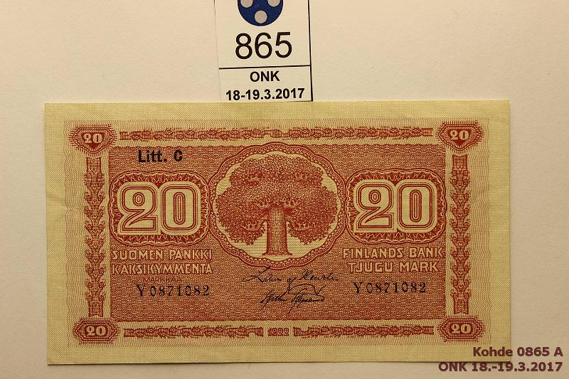 k-0865-a.jpg - Kohde 865, lhthinta: 20 € / myyntihinta: 40 € 20 mk 1922 LC SNY 158.4 Y0871082 HEU-AAs, kova siisti paperi, kunto: 6