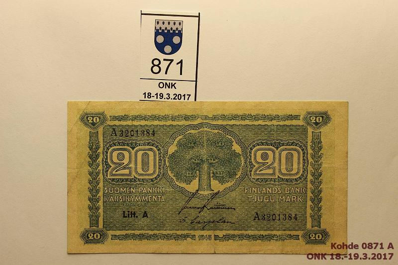 k-0871-a.jpg - Kohde 871, lhthinta: 5 € / myyntihinta: 5 € 20 mk 1945 LA SNY 160.1 A3201384 RAI-Car, kunto: 4