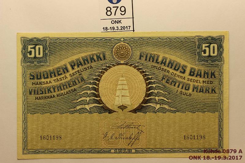 k-0879-a.jpg - Kohde 879 (kuva 1/2), lhthinta: 150 € / myyntihinta: 250 € 50 mk 1918 SNY 166.1 1601198 STE-The, pysty- ja nurkkataitteita, kova siisti paperi, kunto: 6