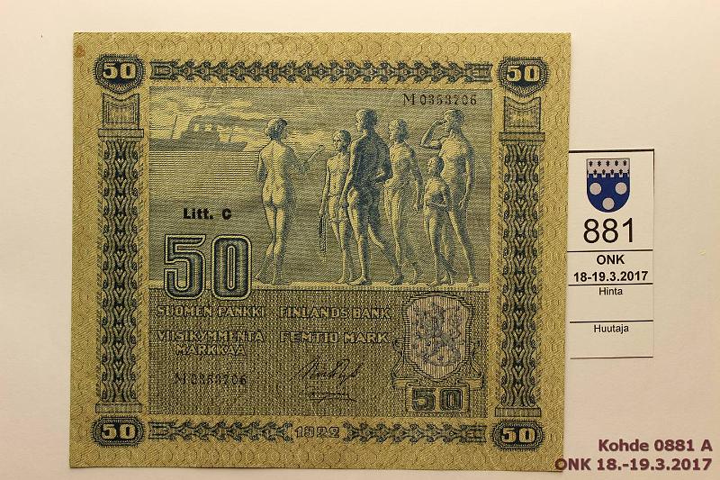 k-0881-a.jpg - Kohde 881, lhthinta: 50 € / myyntihinta: 50 € 50 mk 1922 LC SNY 167.4 M0353706 RYT-Myr, harv. ak pari (v). Pystytaite, ylreunassa painaumia, tahra ja 2mm rep, kunto: 6