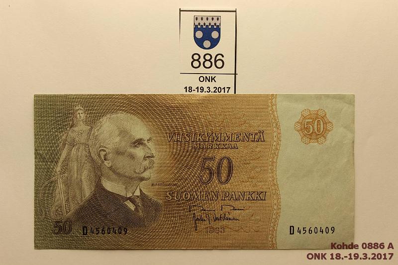 k-0886-a.jpg - Kohde 886, lhthinta: 20 € / myyntihinta: 100 € 50 mk 1963 SNY 170.1 D4560409 RO II-Vou, harv. ak pari (v), ilm. vain 2 kpl tunnetaan tt ennen (Numismaatikko 1/17, Hannu Nyman), kunto: 5