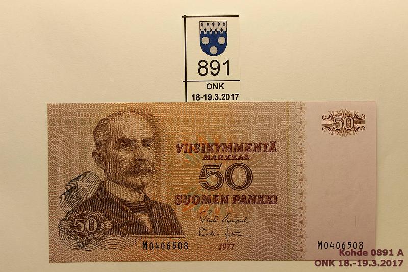 k-0891-a.jpg - Kohde 891, lhthinta: 50 € / myyntihinta: 105 € 50 mk 1977 SNY 171.1 M0406508 UUS-Leh, vaikea sarjakirjain, kunto: 10